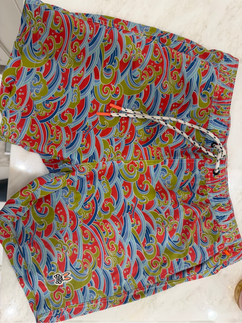 Psycho Bunny Men's Swim Shorts - Red, Blue, Green Wave Print